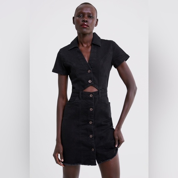 ZARA Washed Black Denim Button Front Collar Short Sleeve Denim Above Knee Dress - Picture 2 of 9